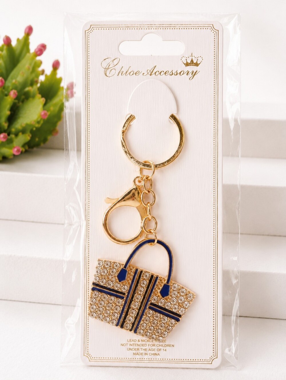 Women's Rhinestone Handbag Keychain Bag Charm Gold Tone Blue Purse Accessories